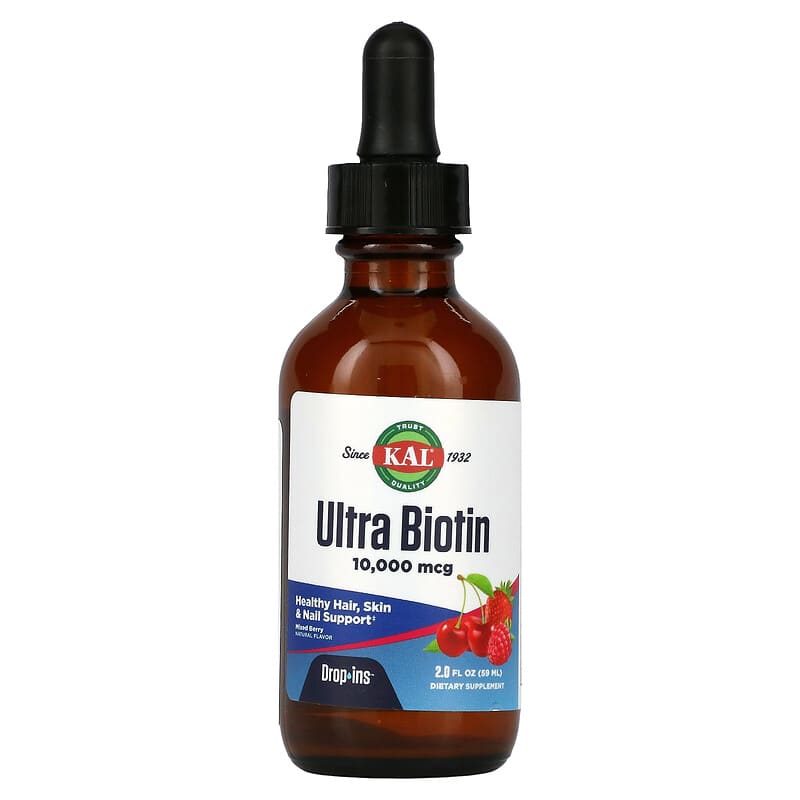 KAL Ultra Biotin Natural Mixed Berry Flavor 10,000 mcg 2 oz (59 ml) 1 KAL Ultra Biotin Mixed Berry 10.000 mcg 2 fl oz (59 ml) 021245232629