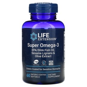 Life Extension Super Omega-3 EPA/DHA Fish Oil Sesame Lignans & Olive Extract 60 Enteric Coated Softgels 737870198567