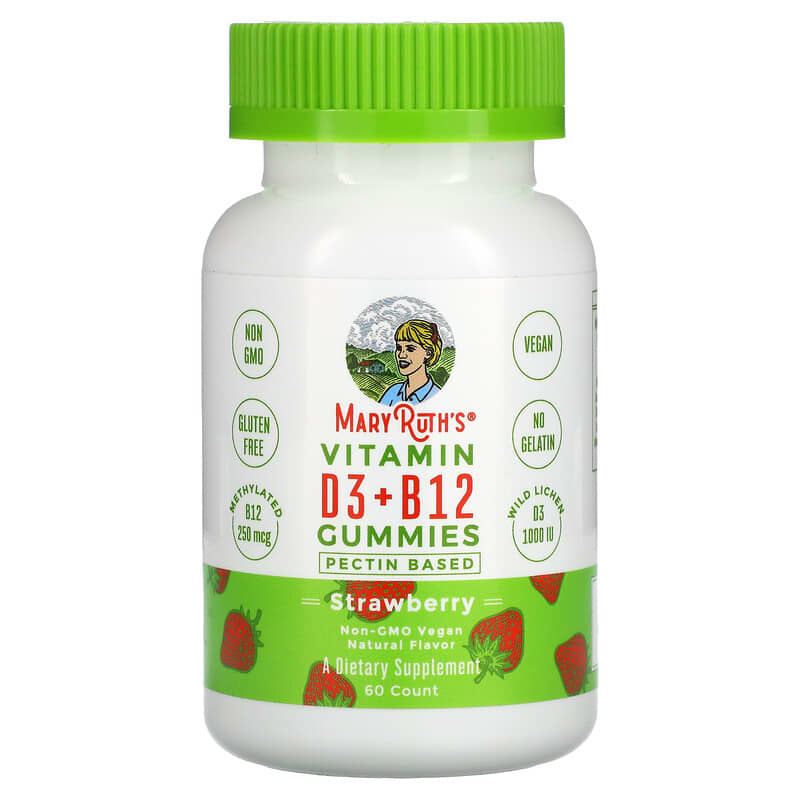 MaryRuth Organics Vitamin D3 + B12 Gummies Pectin Based Strawberry 60 Gummies 1 MaryRuth Organics Vitamin D3 + B12 Gummies Pectin Based Strawberry 60 Gummies 861212000383