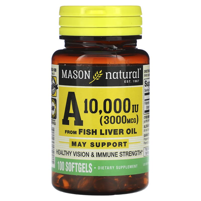 Mason Natural Vitamin A from Fish Liver Oil 3,000 mcg (10,000 IU) 100 Softgels 1 Mason Natural Vitamin A from Fish Liver Oil 3.000 mcg (10.000 IU) 100 Softgels 311845059215