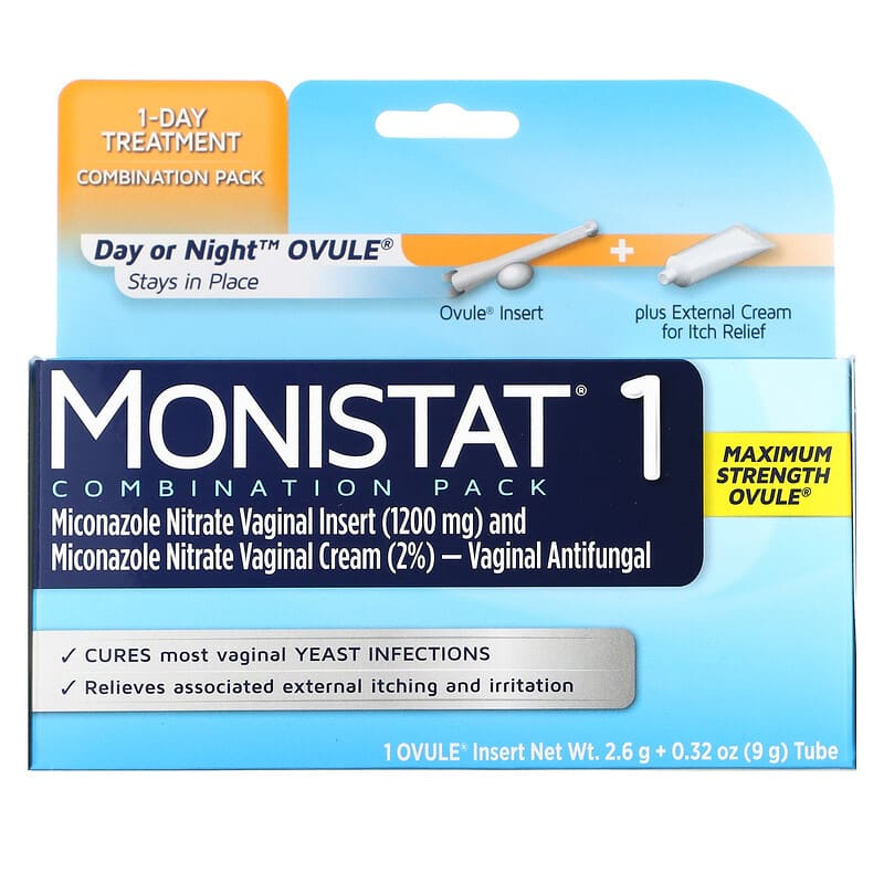 Monistat 1-Day Treatment Combination Pack Day or Night Ovule Maximum Strength 1 Ovule Insert 2.6 g + 0.32 oz (9 g) Tube 1 Monistat 1-Day Treatment Combination Pack Day or Night Ovule Maximum Strength 1 Ovule Insert 2.6 g + 0.32 oz (9 g) Tube 363736441807