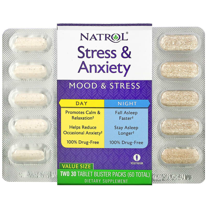 Natrol Stress & Anxiety Day & Night Two 30 Tablet Blister Packs (60 Total) 1 Natrol Stress & Anxiety Day & Night Two 30 Tablet Blister Packs (60 Total) 047469055011