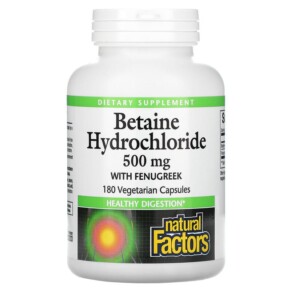 Natural Factors Betaine Hydrochloride with Fenugreek 500 mg 180 Vegetarian Capsules 068958017211
