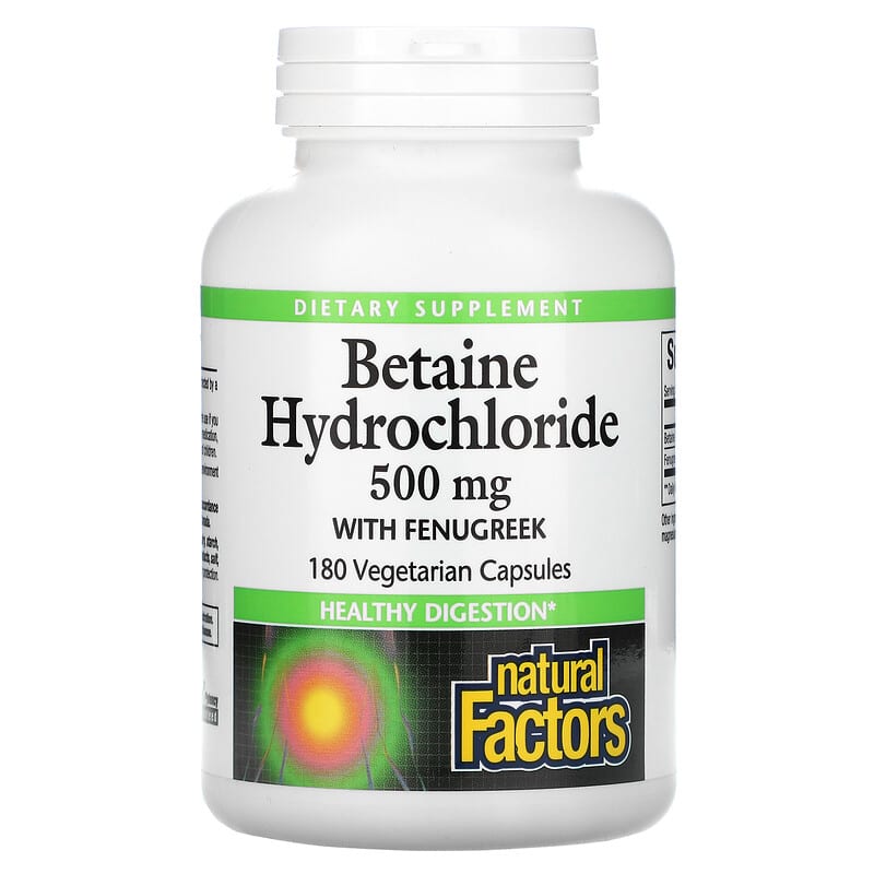 Natural Factors Betaine Hydrochloride with Fenugreek 500 mg 180 Vegetarian Capsules 1 Natural Factors Betaine Hydrochloride with Fenugreek 500 mg 180 Vegetarian Capsules 068958017211
