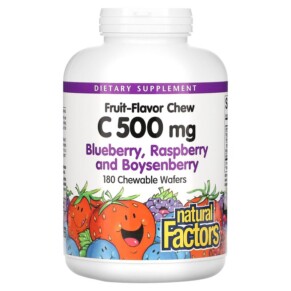 Natural Factors Fruit-Flavor Chew Vitamin C Blueberry Raspberry and Boysenberry 500 mg 180 Chewable Wafers 068958013275