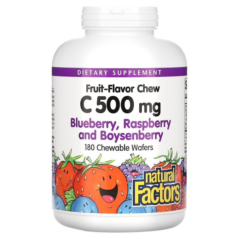 Natural Factors 100% Natural Fruit Chew Vitamin C Blueberry Raspberry and Boysenberry 500 mg 180 Chewable Wafers 1 Natural Factors Fruit-Flavor Chew Vitamin C Blueberry Raspberry and Boysenberry 500 mg 180 Chewable Wafers 068958013275