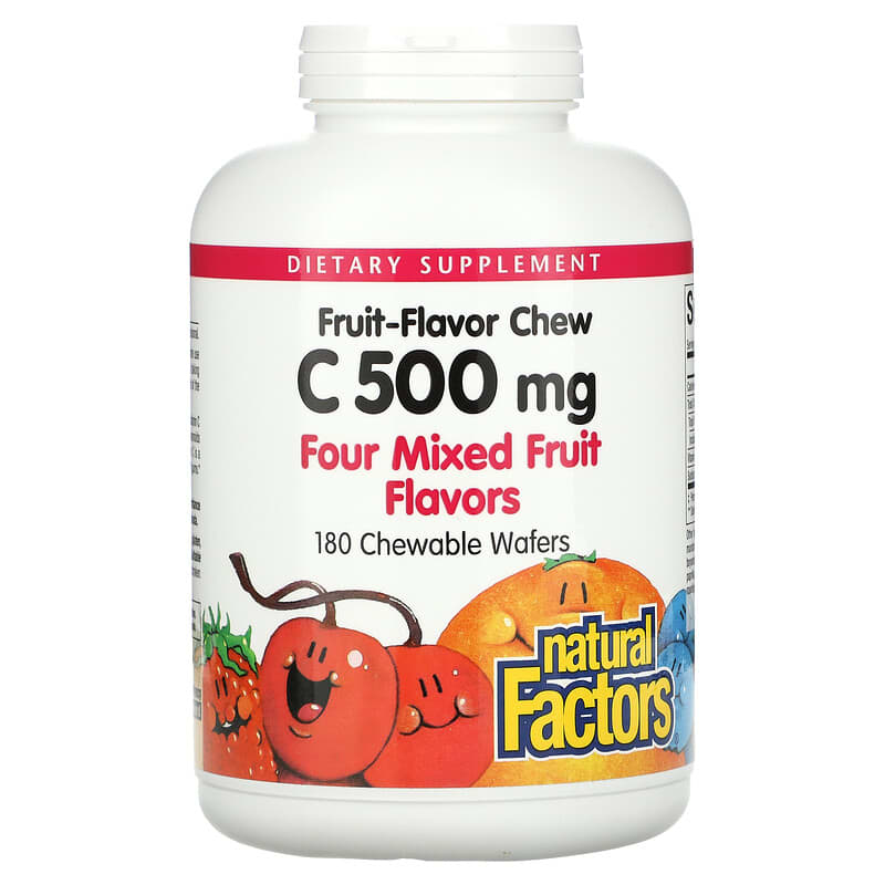 Natural Factors 100% Natural Fruit Chew Vitamin C Four Mixed Fruit Flavors 500 mg 180 Chewable Wafers 1 Natural Factors Fruit-Flavor Chew Vitamin C Four Mixed Fruit Flavors 500 mg 180 Chewable Wafers 068958013367