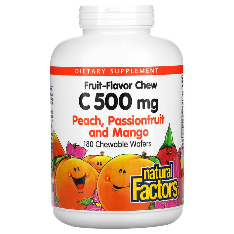 Natural Factors Fruit Flavor Chew Vitamin C Peach Passionfruit and Mango 500 mg 180 Chewable Wafers 1 Natural Factors Fruit-Flavor Chew Vitamin C Peach Passionfruit and Mango 500 mg 180 Chewable Wafers 068958013251