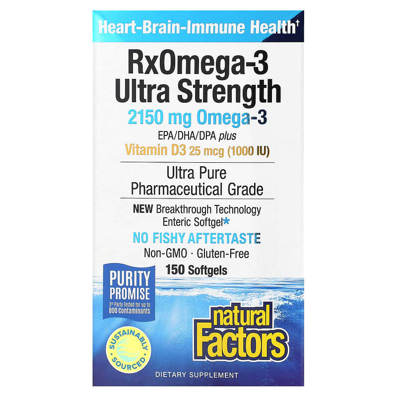 Natural Factors Ultra Strength Rx Omega-3 with Vitamin D3 900 mg EPA/DHA 150 Enteripure Softgels 1 Natural Factors RxOmega-3 with Vitamin D3 Ultra Strength 2.150 mg 150 Softgels 068958354927