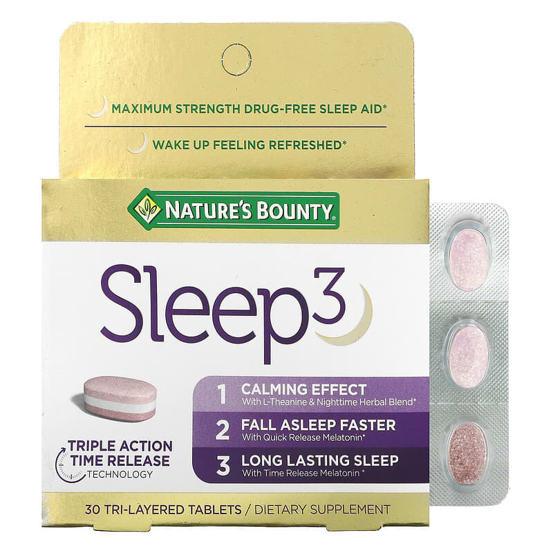 Nature's Bounty Sleep 3 Maximum Strength Drug-Free Sleep Aid 30 Tri-Layered viên 1 Nature's Bounty Sleep 3 Maximum Strength Drug-Free Sleep Aid 30 Tri-Layered Tablets 074312005251