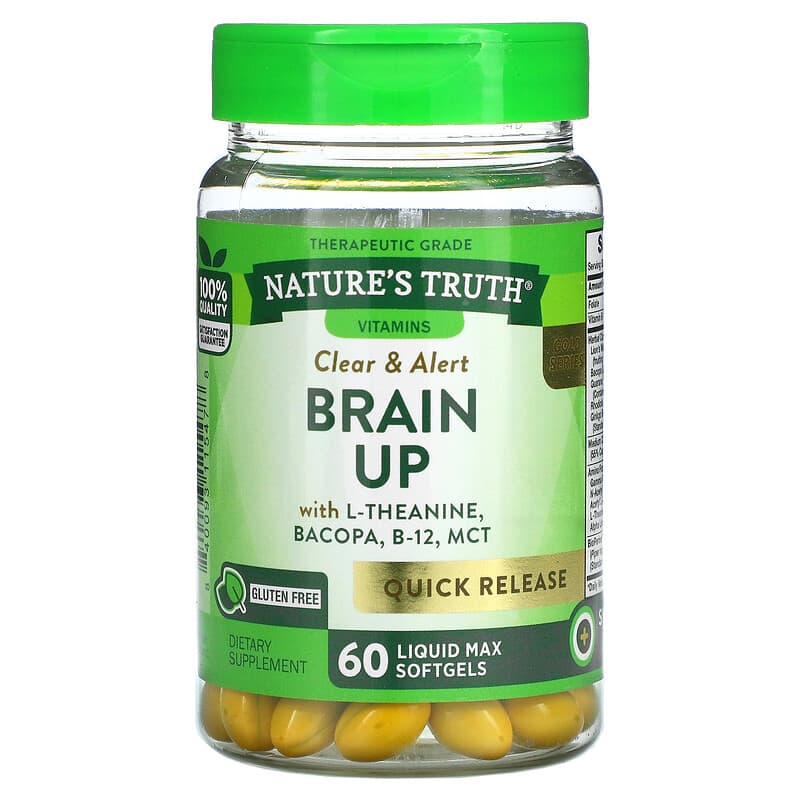 Nature's Truth Brain Up With L-Theanine Bacopa B-12 MCT 60 Liquid Max Softgels 1 Nature's Truth Brain Up With L-Theanine Bacopa B-12 MCT 60 Liquid Max Softgels 840093115478