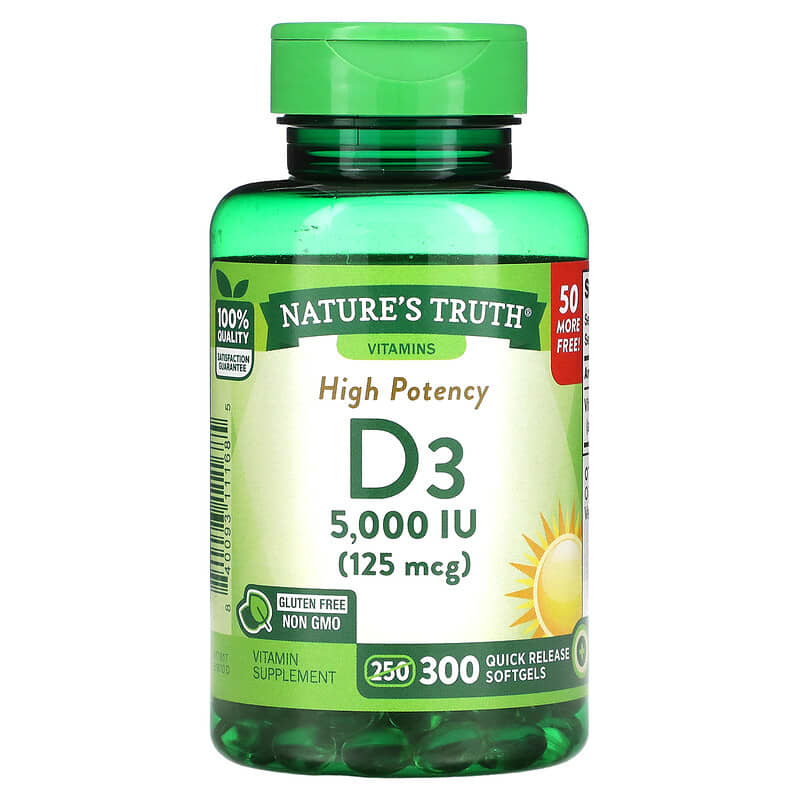 Nature's Truth High Potency Vitamin D3 125 mcg (5000 IU) 300 Quick Release Softgels 1 Nature's Truth High Potency Vitamin D3 125 mcg (5000 IU) 300 Quick Release Softgels 840093111685