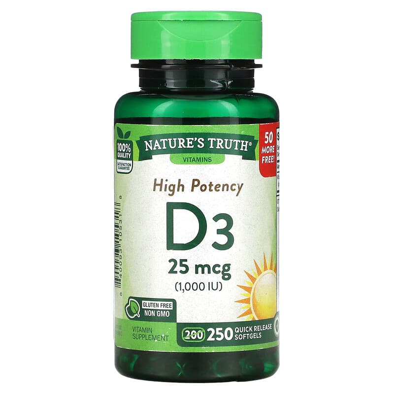 Nature's Truth High Potency Vitamin D3 25 mcg (1,000 IU) 250 Quick Release Softgels 1 Nature's Truth High Potency Vitamin D3 25 mcg (1.000 IU) 250 Quick Release Softgels 840093105318