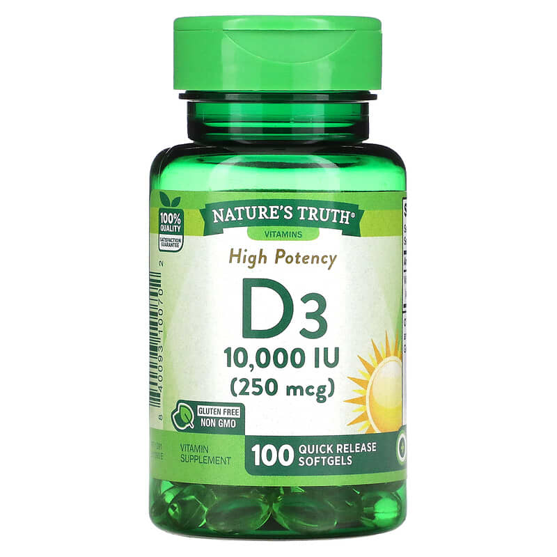 Nature's Truth High Potency Vitamin D3 250 mcg (10,000 IU) 100 Quick Release Softgels 1 Nature's Truth High Potency Vitamin D3 250 mcg (10.000 IU) 100 Quick Release Softgels 840093100702