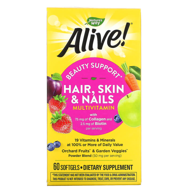 Nature's Way Alive! Hair Skin & Nails Multi-Vitamin Strawberry 60 Softgels 1 Nature's Way Alive! Hair Skin & Nails Multi-Vitamin Strawberry 60 Softgels 033674110942