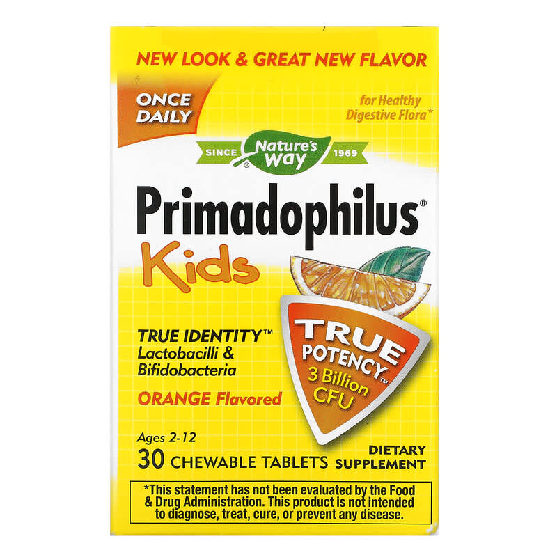 Nature's Way Primadophilus Kids Age 2-12 Orange Flavored 3 Billion CFU 30 Chewable Tablets 1 Nature's Way Primadophilus Kids Age 2-12 Orange Flavored 3 Billion CFU 30 Chewable Tablets 033674142424