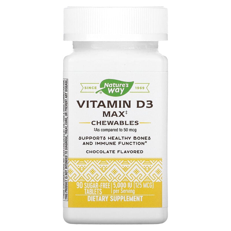 Nature's Way Vitamin D3 Max Chocolate 125 mcg (5.000 IU) 90 Sugar-Free Tablets 1 Nature's Way Vitamin D3 Max Chocolate 125 mcg (5.000 IU) 90 Sugar-Free Tablets 763948565054