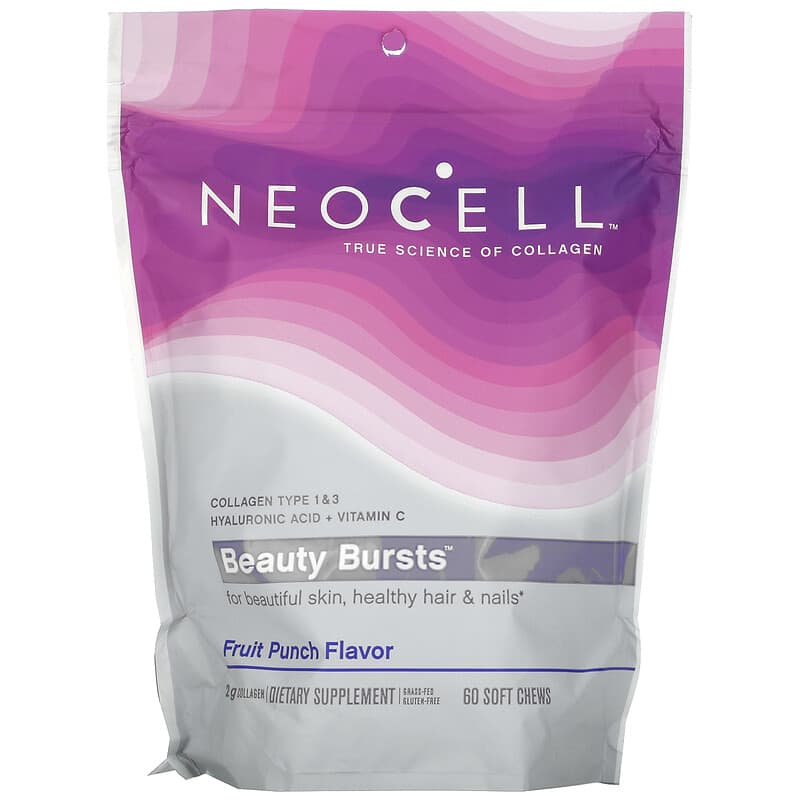 Neocell Beauty Bursts Fruit Punch Flavor 2 g 60 Soft Chews 1 NeoCell Collagen Beauty Soft Chews Fruit Punch 1 g 60 Soft Chews 016185129399