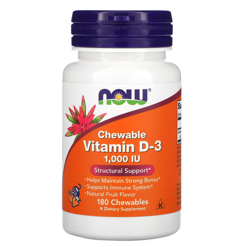 Now Foods Chewable Vitamin D-3 Natural Fruit Flavor 1,000 IU 180 viên nhai 1 NOW Foods Chewable Vitamin D-3 Natural Fruit Flavor 1.000 IU 180 Chewables 733739003577
