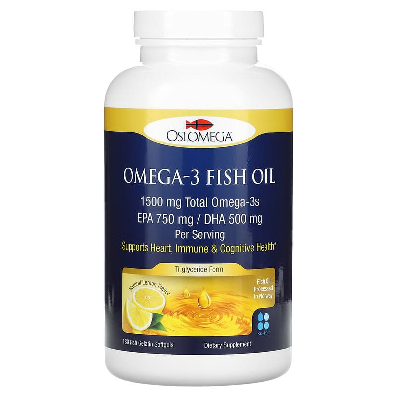 Oslomega Omega-3 Fish Oil 750 mg EPA 500 mg DHA Natural Lemon Flavor 180 Fish Gelatin Softgels 1 Oslomega Norwegian Omega-3 Fish Oil 750 mg EPA 500 mg DHA Natural Lemon Flavor 180 Fish Gelatin Softgels 898220013944