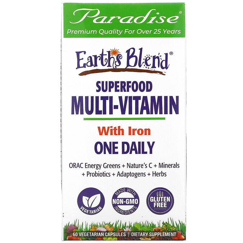 Paradise Herbs Earth's Blend One Daily Superfood Multi-Vitamin with Iron 60 viên 1 Paradise Herbs Earth's Blend One Daily Superfood Multi-Vitamin with Iron 60 Vegetarian Capsules 601944778293