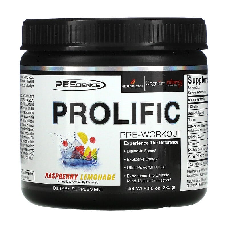 PEScience Prolific Pre-Workout Raspberry Lemonade 9.88 oz (280 g) 1 PEScience Prolific Pre-Workout Raspberry Lemonade 9.88 oz (280 g) 040232426469