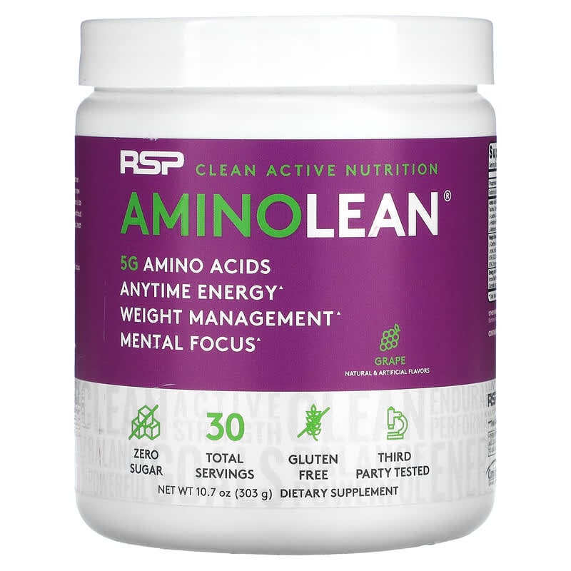 RSP Nutrition AminoLean 5 g Amino Acids + Anytime Energy Grape 10.7 oz (303 g) 1 RSP Nutrition AminoLean 5 g Amino Acids + Anytime Energy Grape 10.7 oz (303 g) 850019469233