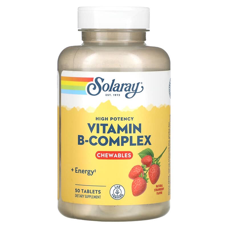 Solaray High Potency B-Complex Chewable Natural Strawberry Flavor 50 viên nhai 1 Solaray High Potency Vitamin B-Complex Chewable Natural Strawberry 50 Tablets 076280042658
