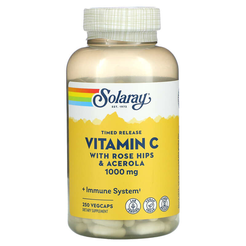 Solaray Timed Release Vitamin C 1,000 mg 250 VegCaps 1 Solaray Timed Release Vitamin C with Rose Hips & Acerola 1.000 mg 250 VegCaps 076280044515