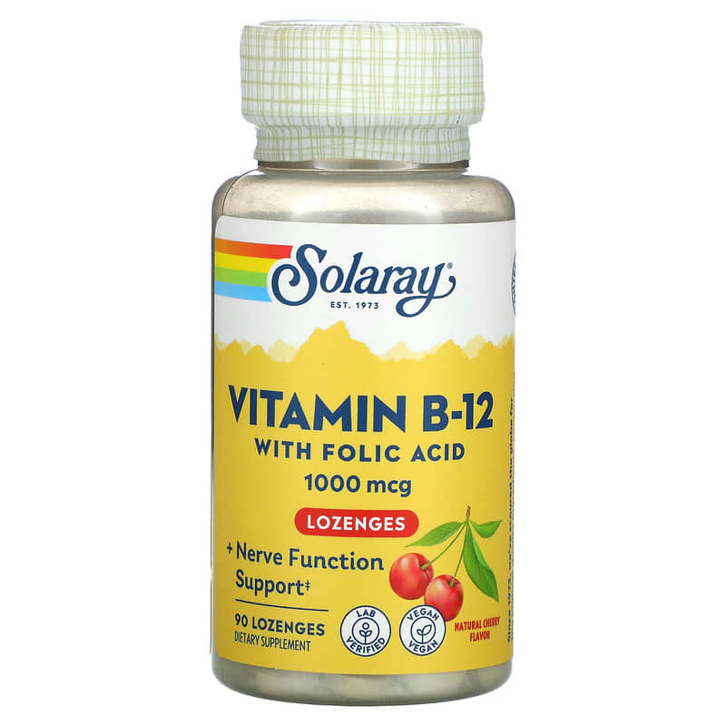 Solaray Vitamin B-12 Natural Cherry Flavor 1,000 mcg 90 Lozenges 1 Solaray Vitamin B-12 with Folic Acid Natural Cherry 1.000 mcg 90 Lozenges 076280043457