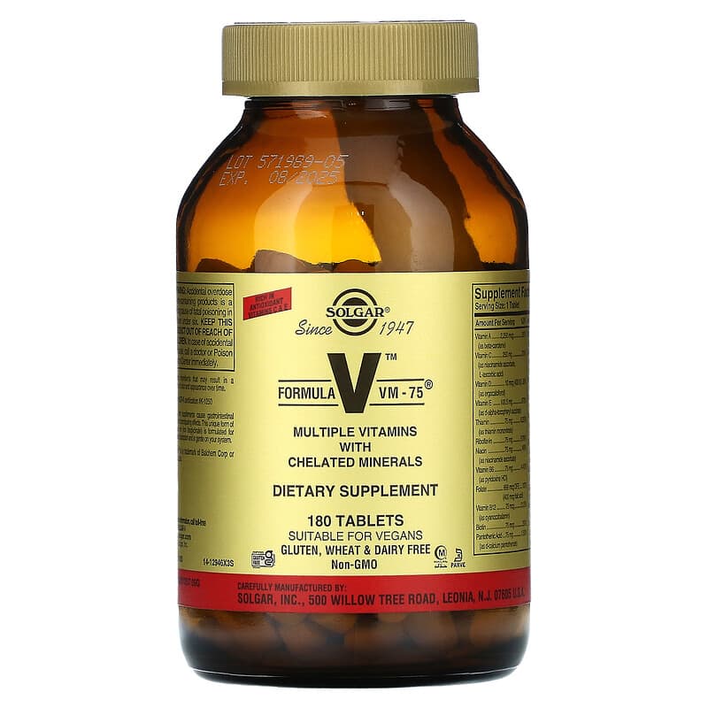 Solgar Formula V VM-75 Multiple Vitamins with Chelated Minerals 180 viên 1 Solgar Formula V VM-75 Multiple Vitamins with Chelated Minerals 180 Tablets 033984011830
