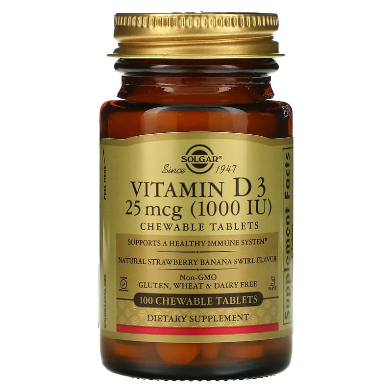 Solgar Vitamin D3 Natural Strawberry Banana Swirl Flavor 25 mcg (1,000 IU) 100 viên nhai 1 Solgar Vitamin D3 Natural Strawberry Banana Swirl 25 mcg (1.000 IU) 100 Chewable Tablets 033984549562