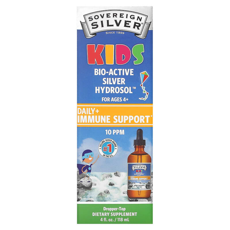 Sovereign Silver Kids Bio-Active Silver Hydrosol Daily+ Immune Support Ages 4+ 10 PPM 4 fl oz (118 ml) 1 Sovereign Silver Kids Bio-Active Silver Hydrosol Daily+ Immune Support Ages 4+ 10 PPM 4 fl oz (118 ml) 684088234313