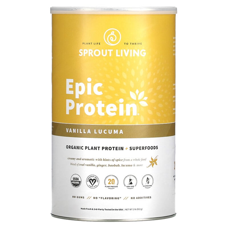 Sprout Living Epic Protein Organic Plant Protein + Superfoods Vanilla Lucuma 2 lb (912 g) 1 Sprout Living Epic Protein Organic Plant Protein + Superfoods Vanilla Lucuma 2 lb (912 g) 852457007657