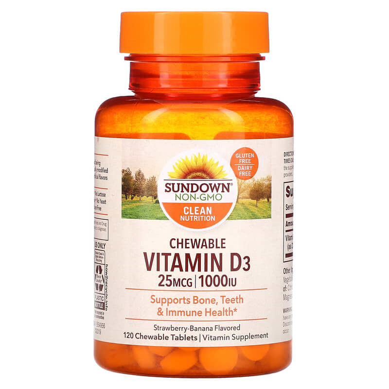 Sundown Naturals Chewable Vitamin D3 Strawberry-Banana Flavored 25 mg (1,000 IU) 120 ChewableTablets 1 Sundown Naturals Chewable Vitamin D3 Strawberry-Banana 25 mg (1.000 IU) 120 ChewableTablets 030768503567