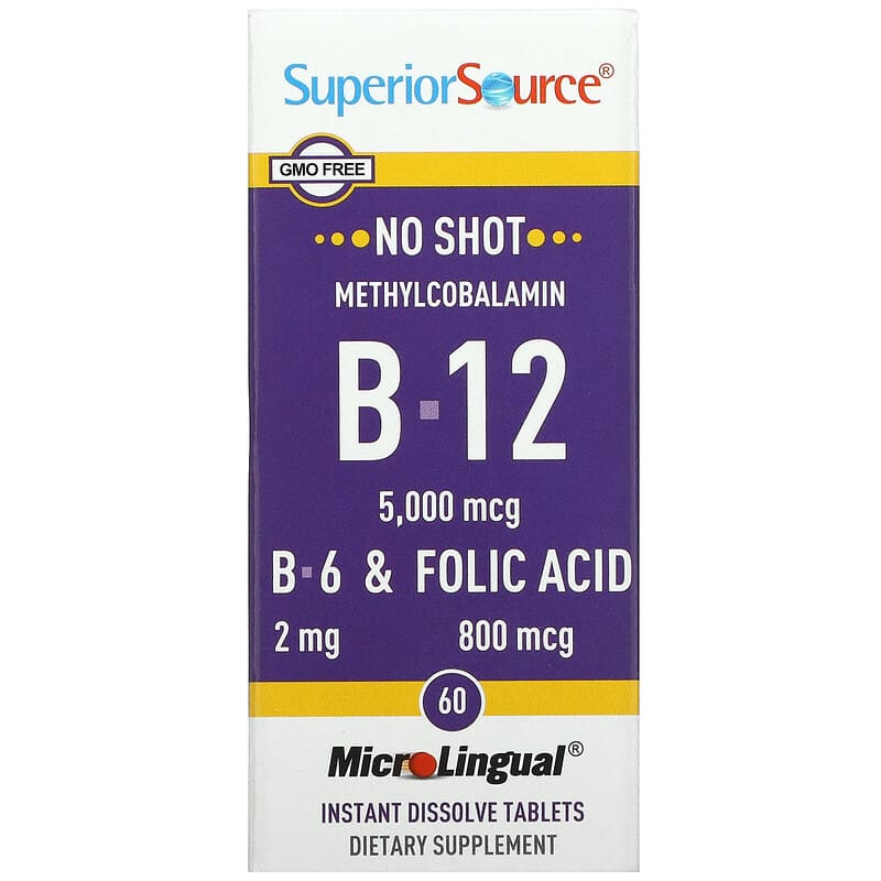 Superior Source No Shot Methylcobalamin B-12 B-6 & Folic Acid 5,000 mcg/800 mcg 60 MicroLingual Instant Dissolve viên 1 Superior Source Methylcobalamin B-12 B-6 & Folic Acid 5.000 mcg 60 MicroLingual Instant Dissolve Tablets 076635907601
