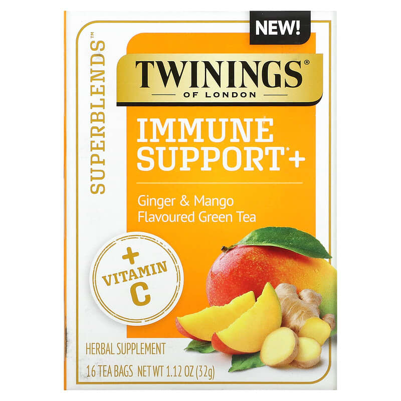 Twinings Immune Support+ Green Tea Ginger & Mango 16 Tea Bags 1.12 oz (32 g) 1 Twinings Immune Support+ Green Tea Ginger & Mango 16 Tea Bags 1.12 oz (32 g) 070177229320