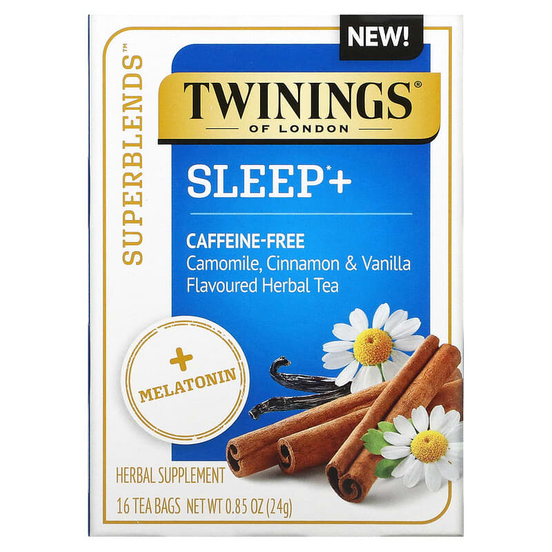 Twinings Sleep+ with Melatonin Herbal Tea Camomile Cinnamon & Vanilla Caffeine Free 16 Tea Bags 0.85 oz (24 g) 1 Twinings Sleep+ with Melatonin Herbal Tea Camomile Cinnamon & Vanilla Caffeine Free 16 Tea Bags 0.85 oz (24 g) 070177229337