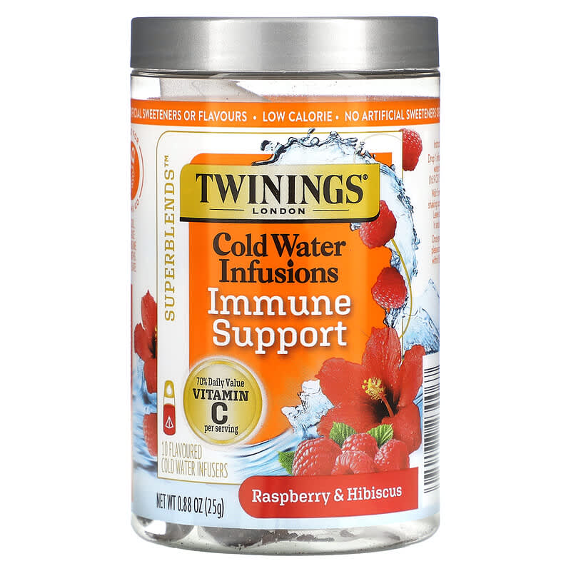 Twinings Superblends Cold Water Infusions Immune Support Raspberry & Hibiscus Caffeine Free 10 Flavoured Cold Water Infusers 0.88 oz (25 g) 1 Twinings Superblends Cold Water Infusions Immune Support Raspberry & Hibiscus Caffeine Free 10 Flavoured Cold Water Infusers 0.88 oz (25 g) 070177230067