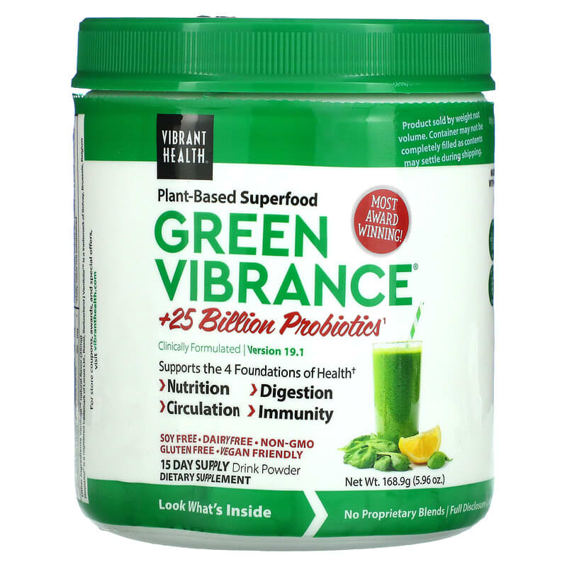 Vibrant Health Green Vibrance +25 Billion Probiotics Version 18.0 5.82 oz (165 g) 1 Vibrant Health Green Vibrance +25 Billion Probiotics Version 19.1 5.96 oz (168.9 g) 074306800572