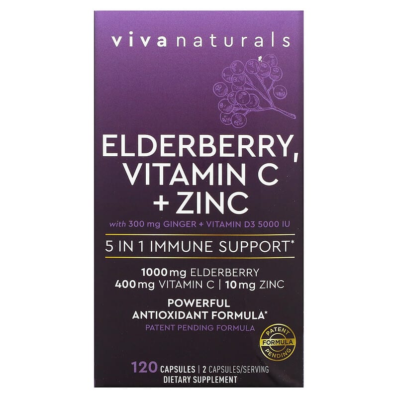 Viva Naturals Elderberry Vitamin C + Zinc 5 in 1 Immune Support 120 Capsules 1 Viva Naturals Elderberry Vitamin C + Zinc 5 in 1 Immune Support 120 Capsules 811067031780