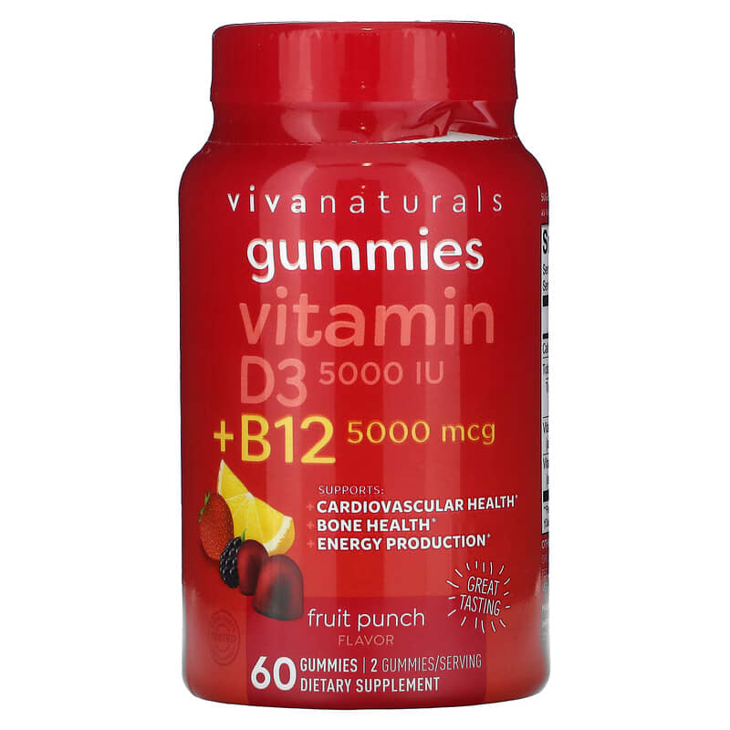 Viva Naturals Vitamin D3 + B12 Fruit Punch 60 Gummies 1 Viva Naturals Vitamin D3 + B12 Fruit Punch 60 Gummies 811067031803