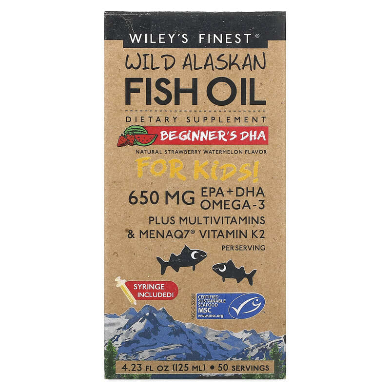 Wiley's Finest Wild Alaskan Fish Oil For Kids! Beginner's DHA Natural Strawberry Watermelon 650 mg 4.23 fl oz (125 ml) 1 Wiley's Finest Wild Alaskan Fish Oil For Kids! Beginner's DHA Natural Strawberry Watermelon 650 mg 4.23 fl oz (125 ml) 857188004272