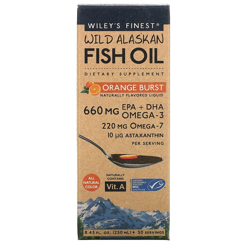 Wiley's Finest Wild Alaskan Fish Oil Orange Burst 660 mg 8.4 oz. (250 ml) 1 Wiley's Finest Wild Alaskan Fish Oil Orange Burst 8.45 fl oz (250 ml) 857188004005
