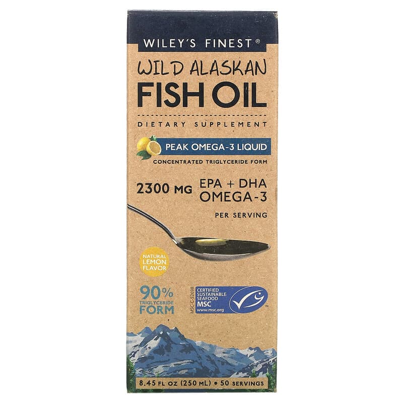 Wiley's Finest Wild Alaskan Fish Oil Peak Omega-3 Liquid Natural Lemon 8.45 oz (250 ml) 1 Wiley's Finest Wild Alaskan Fish Oil Peak Omega-3 Liquid Natural Lemon 8.45 fl oz (250 ml) 857188004142