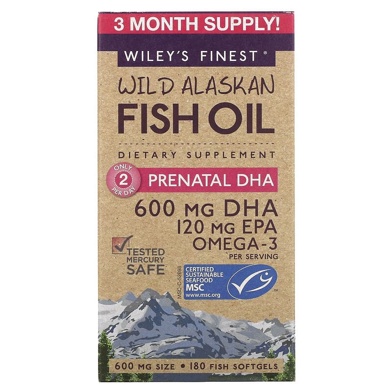 Wiley's Finest Wild Alaskan Fish Oil Prenatal DHA 600 mg 180 Fish Softgels 1 Wiley's Finest Wild Alaskan Fish Oil Prenatal DHA 600 mg 180 Fish Softgels 857188004029