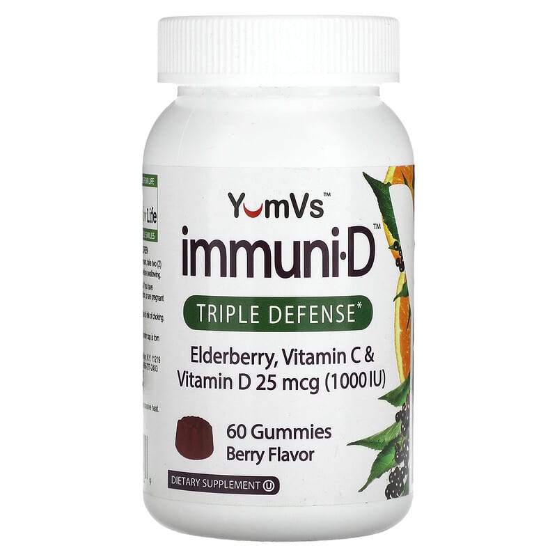 YumV's Elderberry Vitamin C & Vitamin D Triple Defense Berry Flavor 25 mcg (1,000 IU) 60 Gummies 1 Yum-Vs Elderberry Vitamin C & Vitamin D Triple Defense Berry 60 Gummies 810048610129