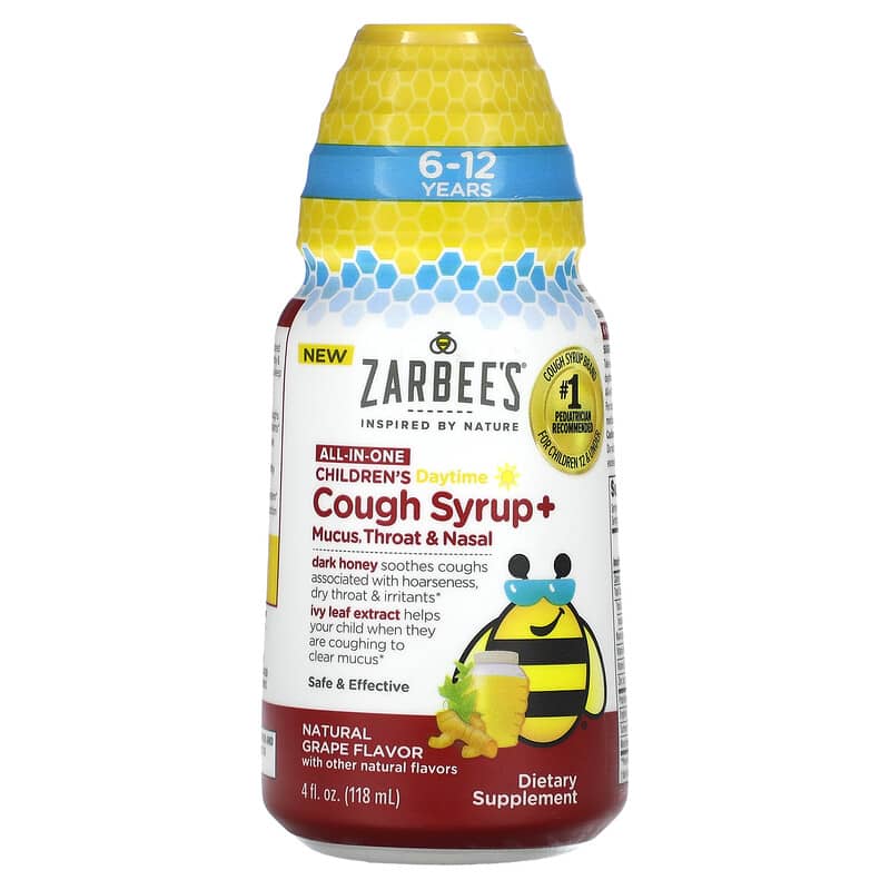 Zarbee's Children's Daytime Cough Syrup + Mucus Throat & Nasal 6-12 Years Natural Grape 4 fl oz (118 ml) 1 Zarbee's Children's Daytime Cough Syrup + Mucus Throat & Nasal 6-12 Years Natural Grape 4 fl oz (118 ml) 300450663832